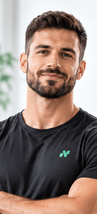 Antrenor personal zâmbitor, în tricou negru